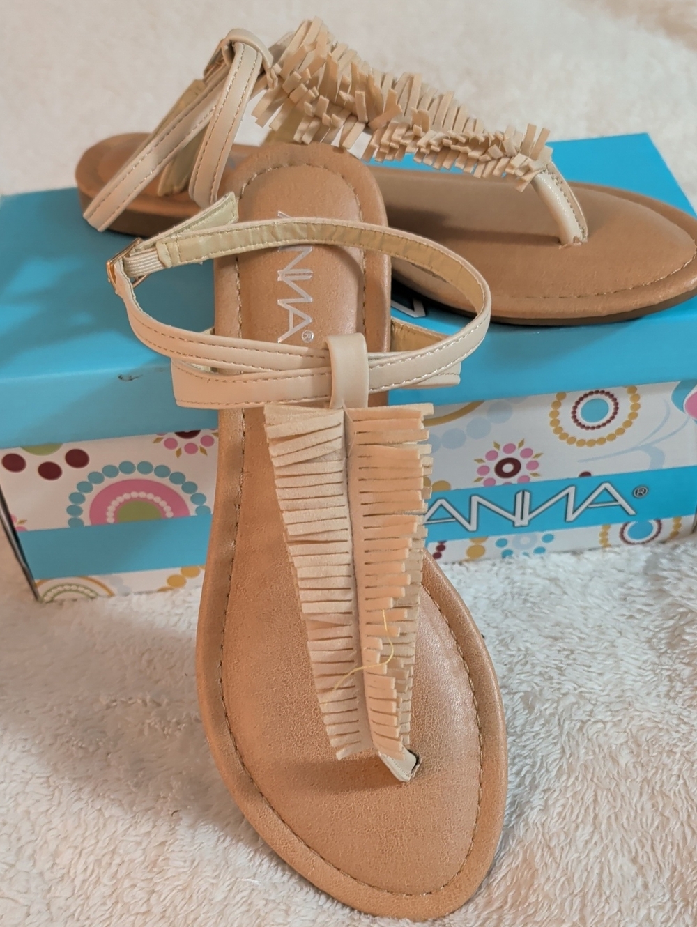 Anna Silvia-33 Beige Faux Suede Fringe Thong Sandals - Size 7